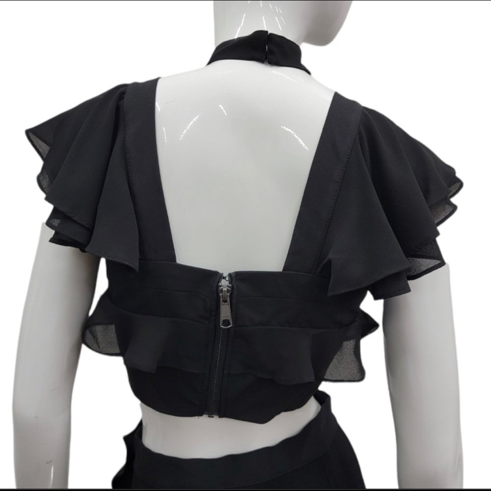 Black Ruffle Cross-Neck Crop Top - Picture 2 of 9